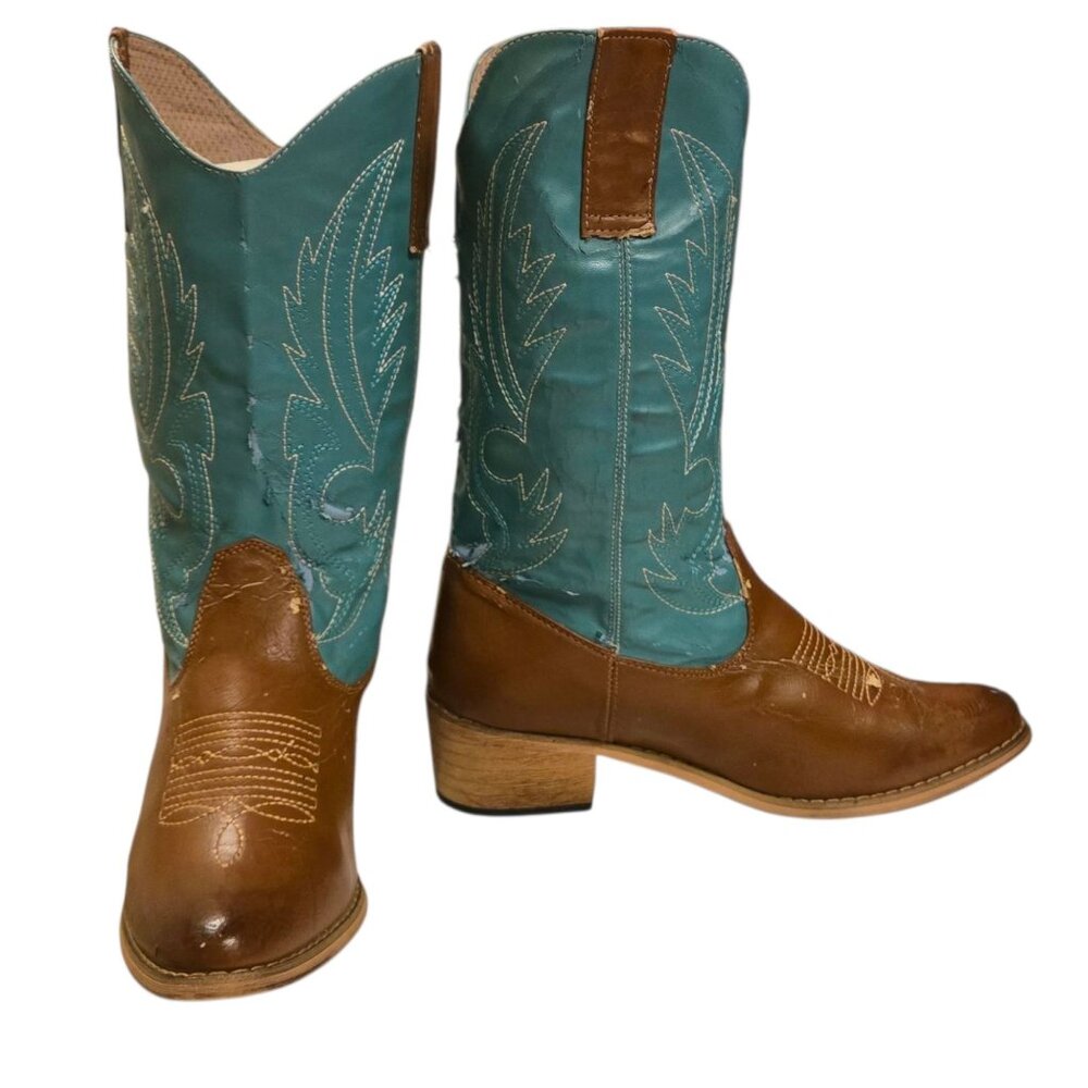 Turquoise and Brown Western Cowboy Boots Ladies Size 8 Synthetic Distressed